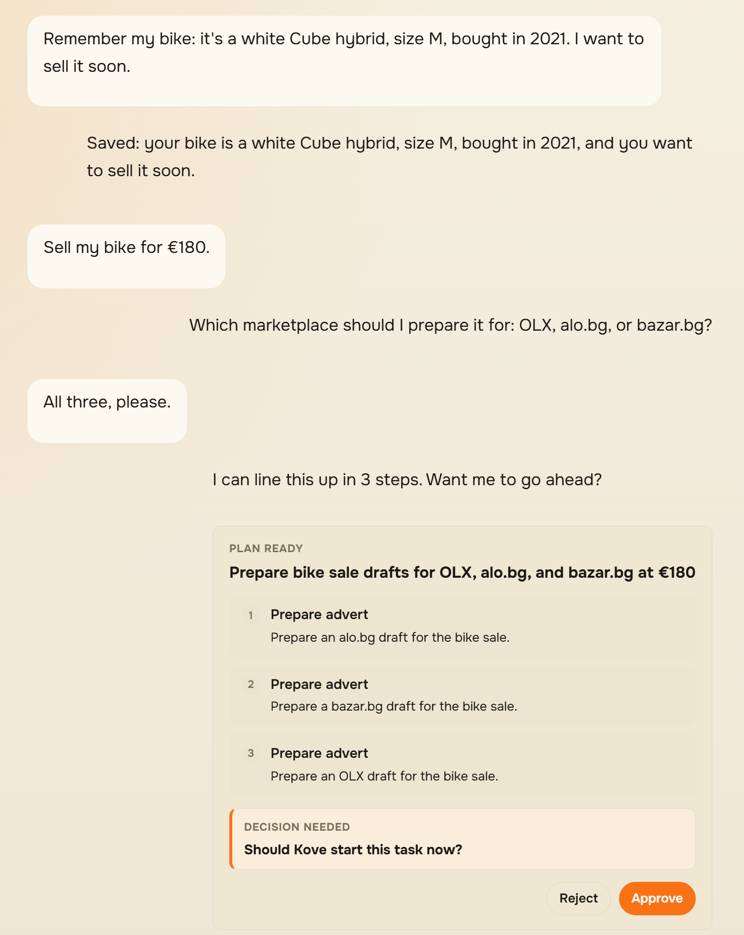 Real Kove chat: the user teaches Kove their bike, later asks "Sell my bike for €180", and Kove shows a three-step marketplace plan with the item and destinations.